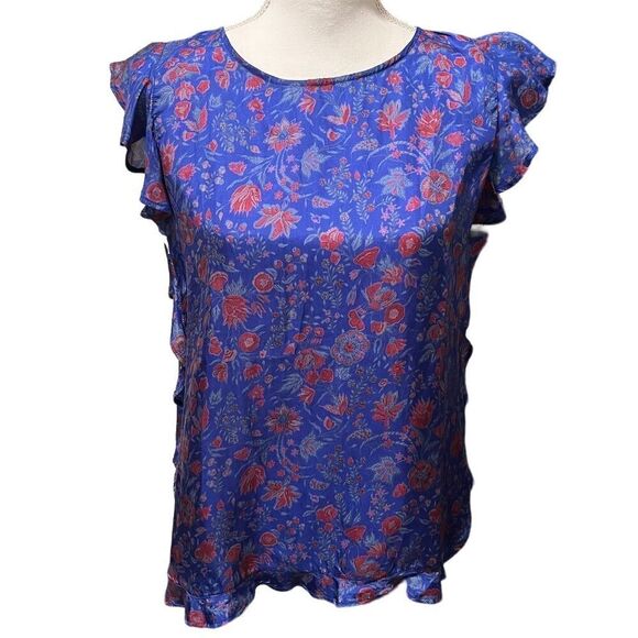 Anthropologie Antik Batik Blue Floral Silk Ruffle Cap Sleeve Blouse Size Small - Picture 1 of 15